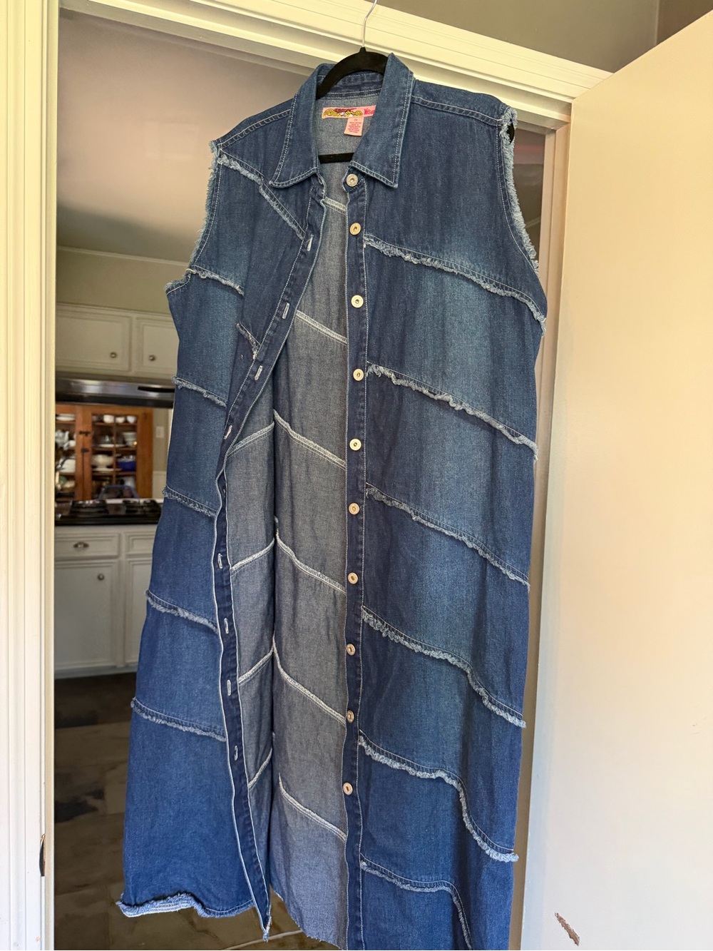 Sleeveless Patchwork Denim Maxi Shirt Dress - Blue